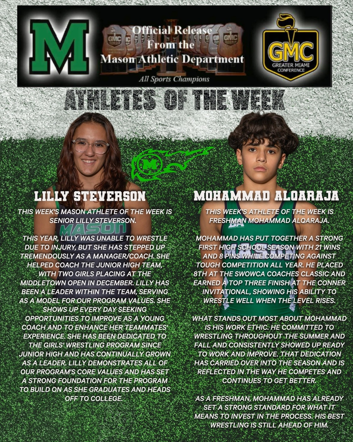 Mason High School senior Lilly Steverson and freshman Mohammad Alqaraja have been recognized as this week’s Athletes of the Week!